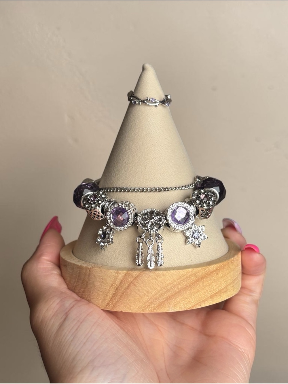 Silver & Lavender Dream chaser Charm Bracelet with Ring
